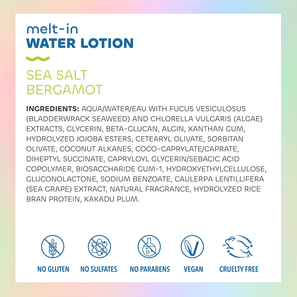 Close-up of Melt-In Water Lotion texture highlighting fast absorption and softness.