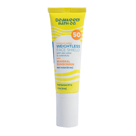 The Seaweed Bath Co. Weightless Face Shield SPF 50 bottle with a light mineral texture for daily protection