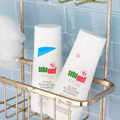 Sebamed Every-Day Shampoo label close-up highlighting pH 5.5 and botanically-based care.