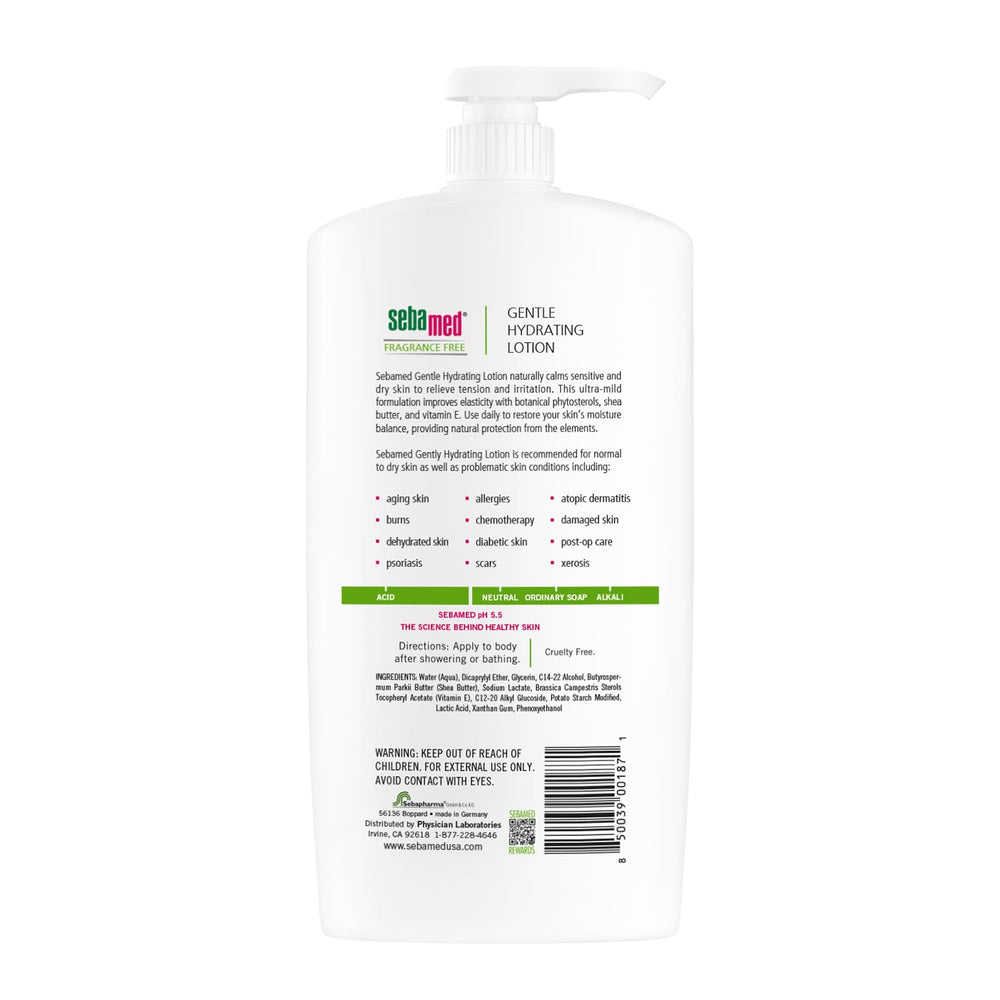 SEBAMED fragrance-free lotion label close-up highlights vitamin E and shea butter