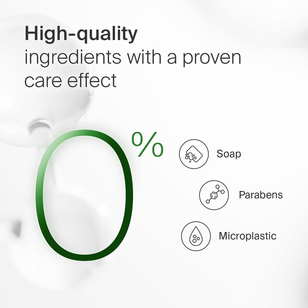 SEBAMED bottle on sink demonstrates daily face and body use.