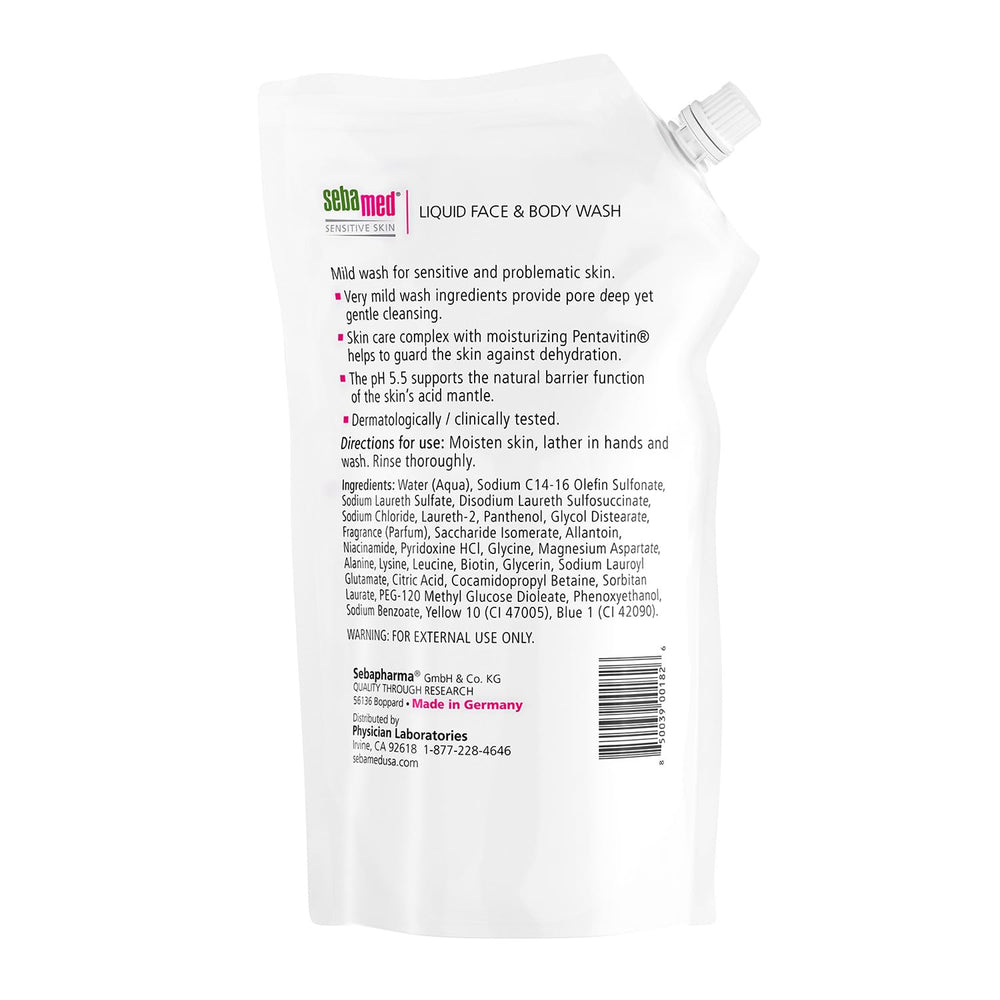 Pouring SEBAMED liquid wash creates a mild, foamy lather for face and body.