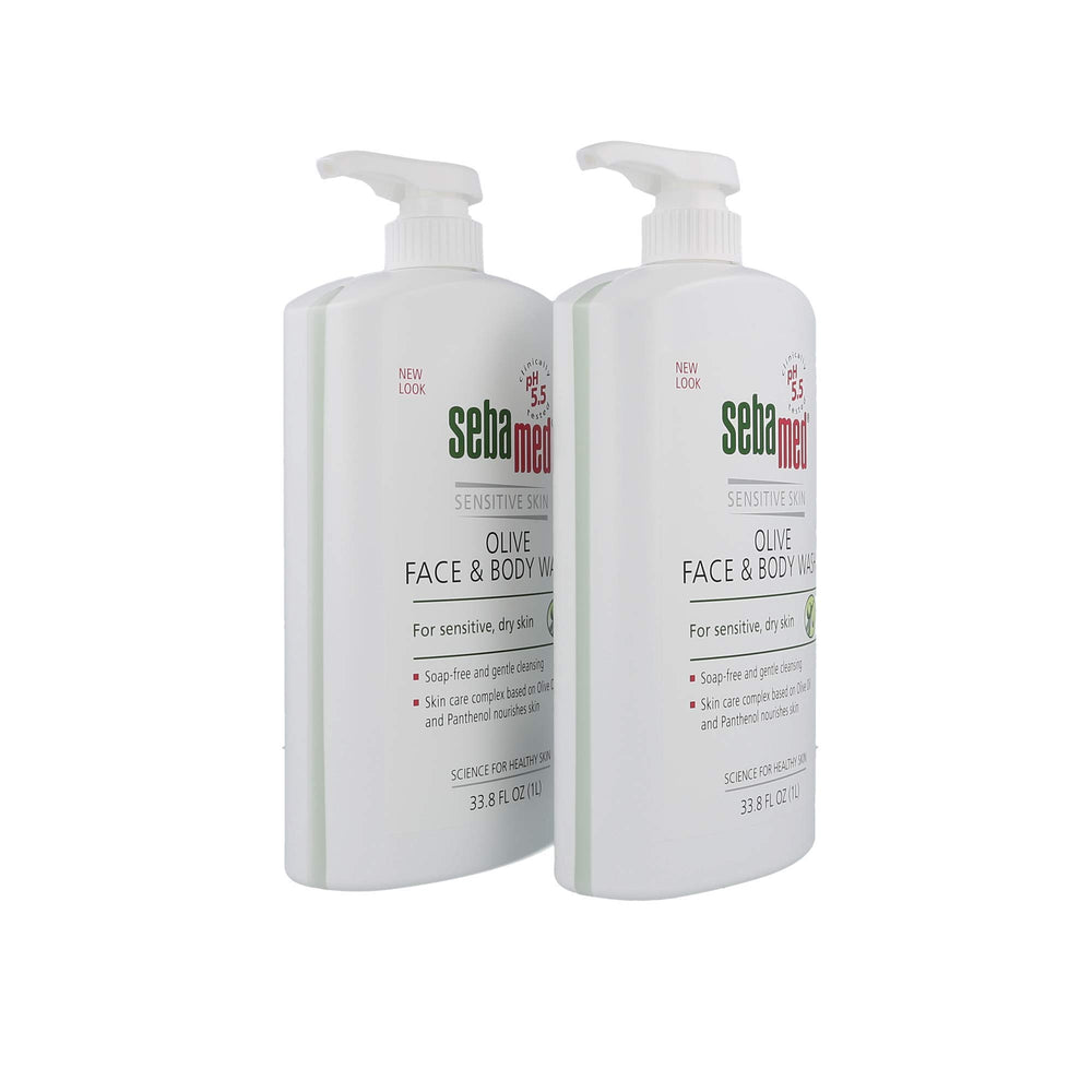 SEBAMED Olive Face and Body Wash bottle pour showing a gentle soap-free cleanse