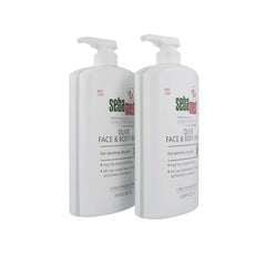 SEBAMED Olive Face and Body Wash bottle pour showing a gentle soap-free cleanse