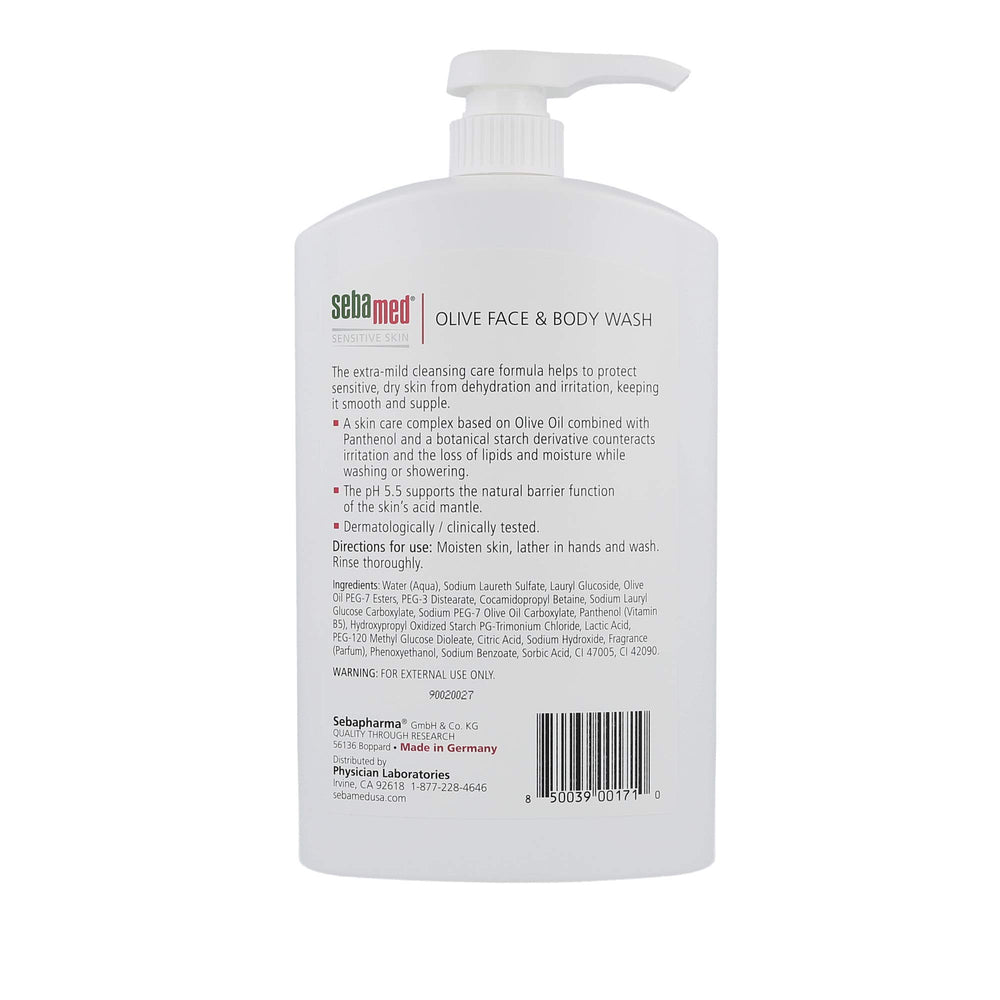 SEBAMED Olive Wash label closeup highlighting dermatologist-tested ultra mild formula