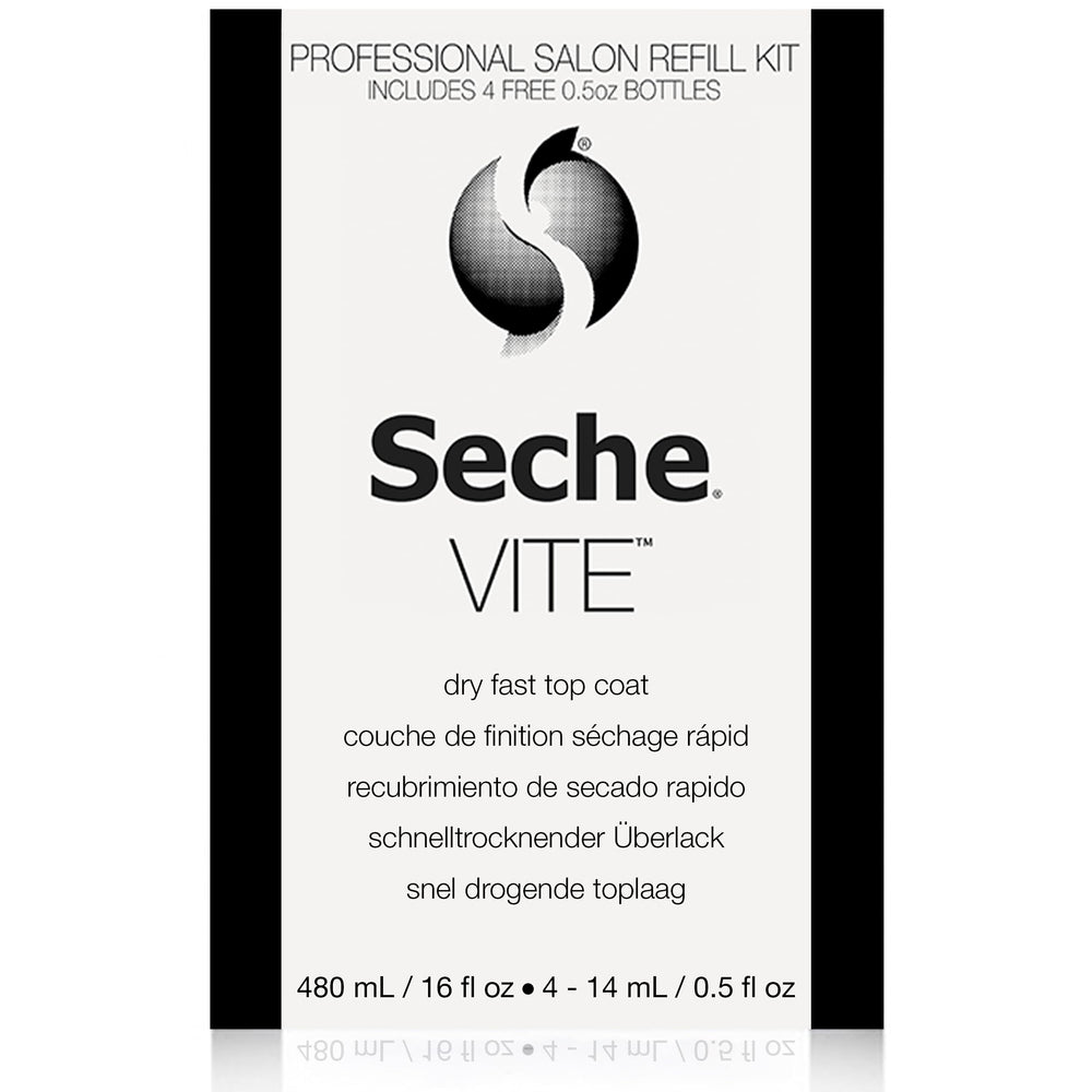 Seche Vite top coat bottle with crystal-clear gloss for a long-lasting mani.