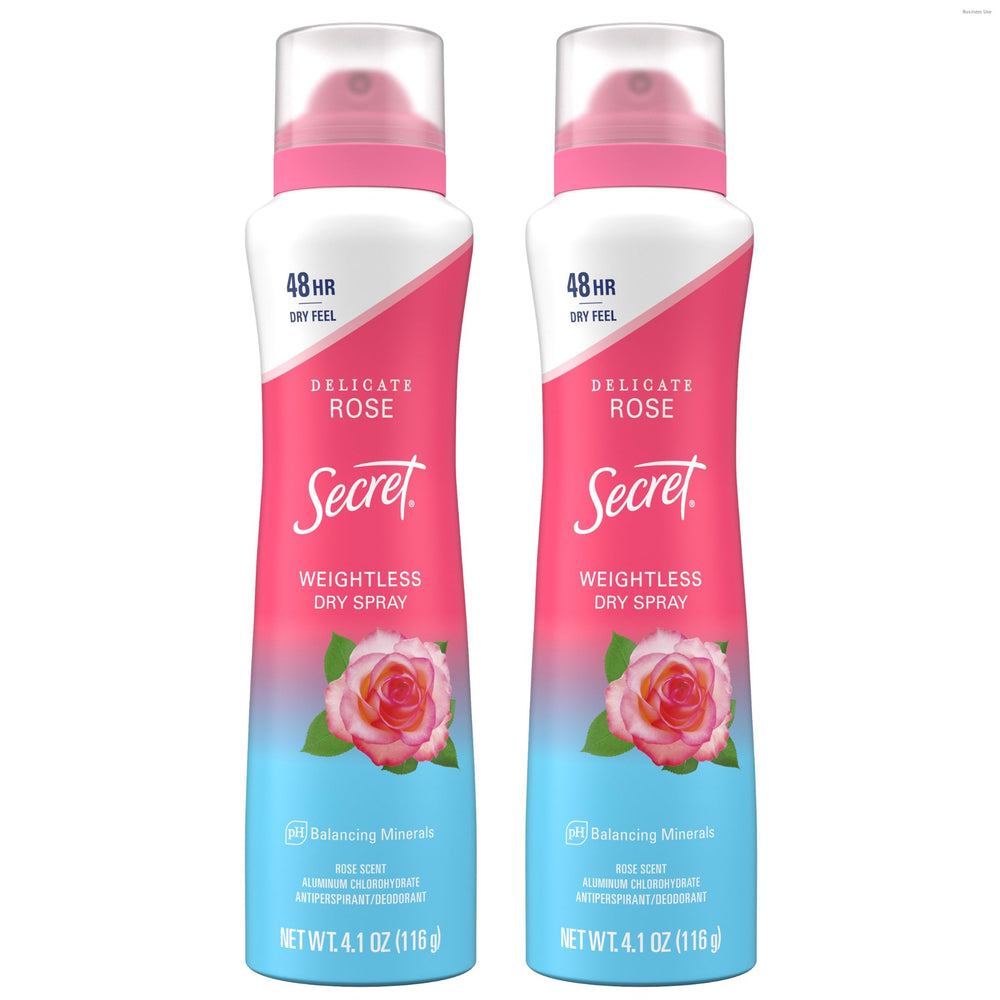 Secret Dry Spray bottle on vanity showing weightless protection and fresh scent.