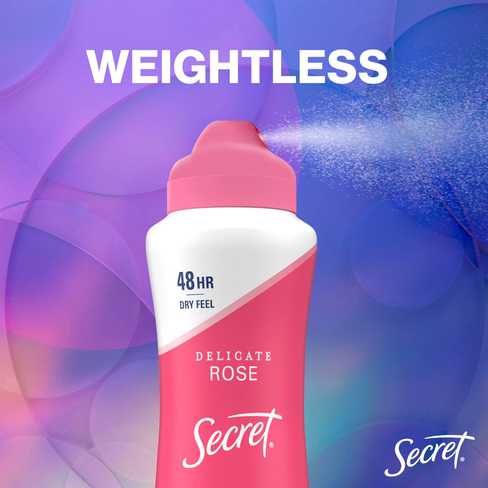 Secret Dry Spray with delicate rose scent is ideal for daily wear.