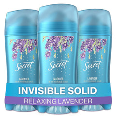 Secret Lavender invisible solid application close-up, smooth glide for all-day freshness.