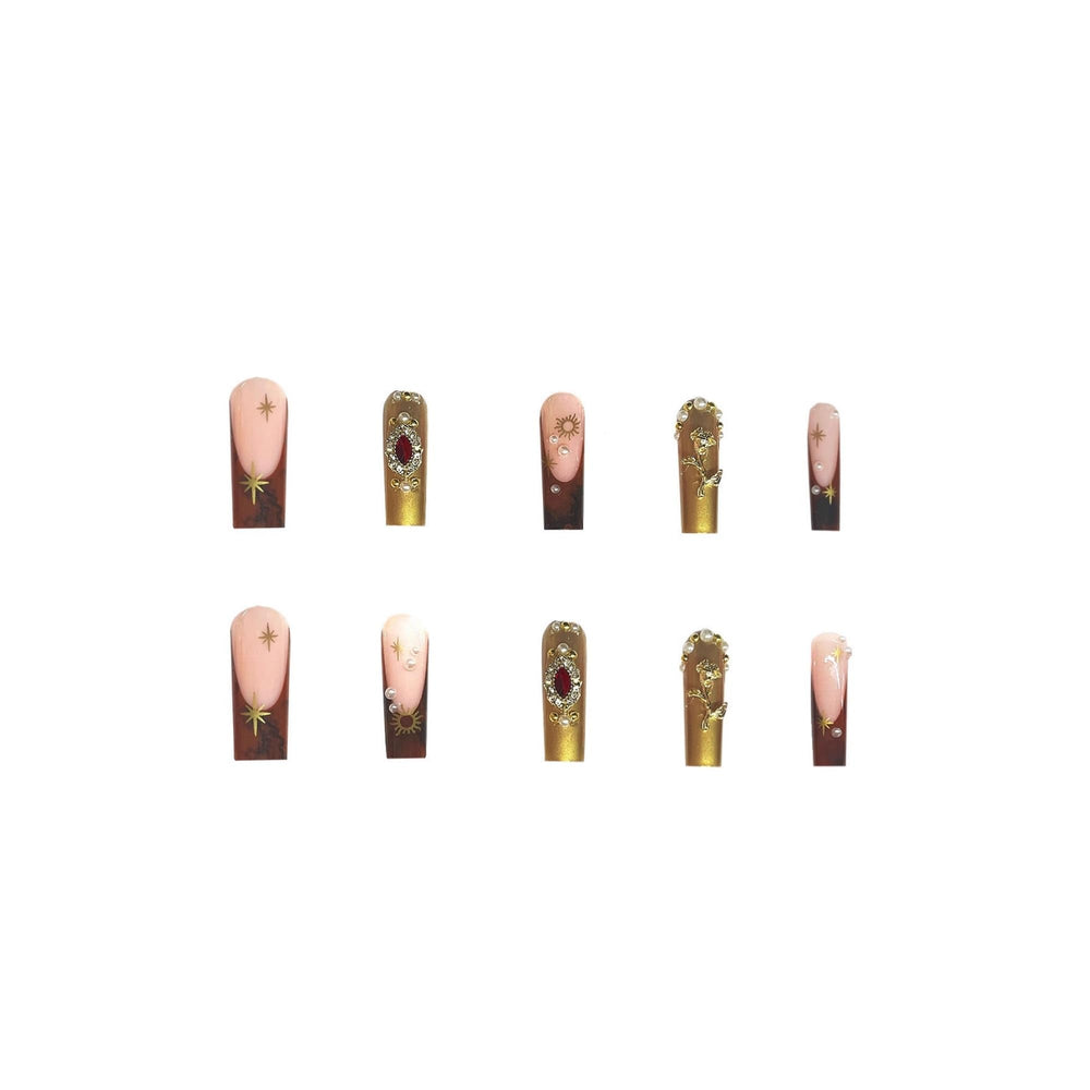 SEENEEY square false nails with red rhinestones and gold floral accents for evening wear