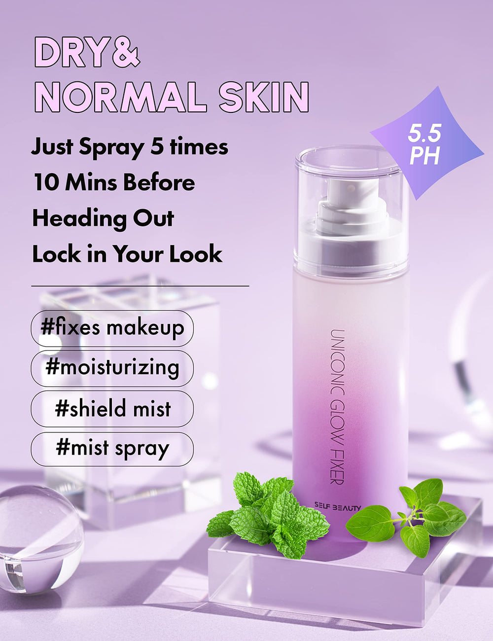 Self Beauty Glow after-spray look showing refreshed skin and lasting makeup.
