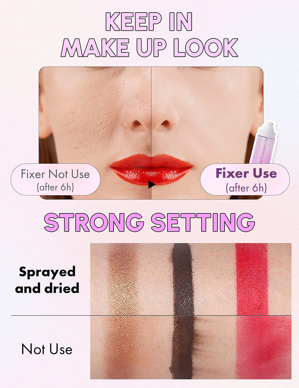 Self Beauty Glow hydrating mist being applied to refresh makeup.
