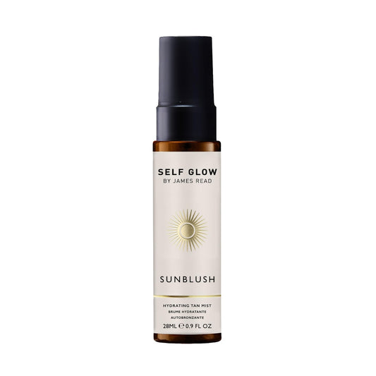 Self Glow by James Read Sunblush Tan Mist bottle with rosewater hydration for radiant skin.