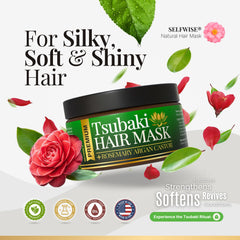 SELFWISE Tsubaki Hair Mask bathroom setup conveys spa-like self-care at home.