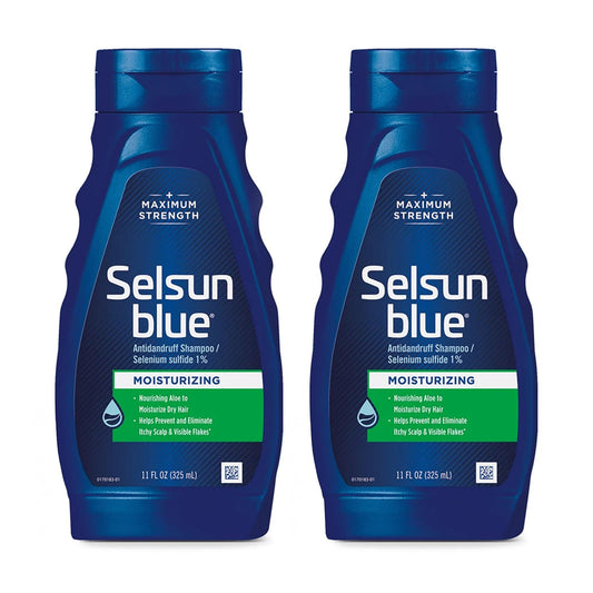 Selsun Blue moisturizing anti-dandruff shampoo bottle with 1% selenium sulfide for relief.