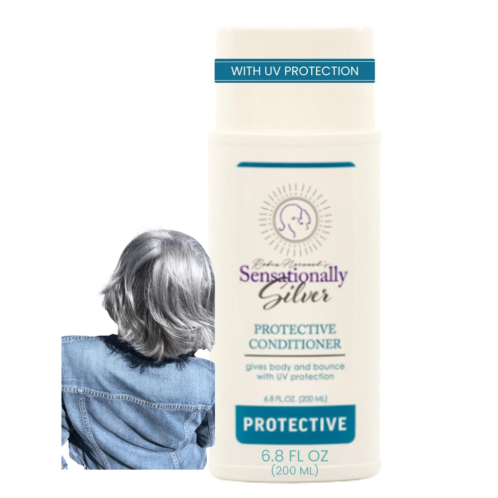 Robin Norwood's Sensationally Silver conditioner bottle with UV protection for gray hair