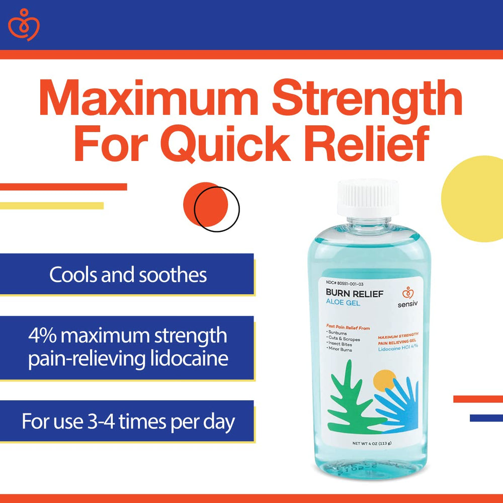 Sensiv Aloe Gel with lidocaine 4 percent label highlights maximum strength relief.