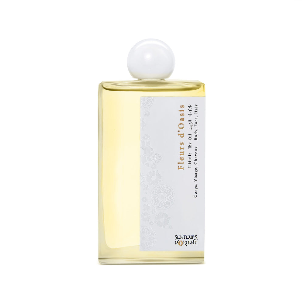 Senteurs d'Orient Fleurs d'Oasis bottle shows elegant glass and spa-like multi-use appeal.