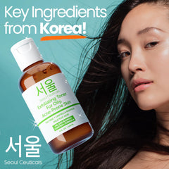 SeoulCeuticals toner ingredient panel featuring Aloe Vera and Rose for soothing hydration.