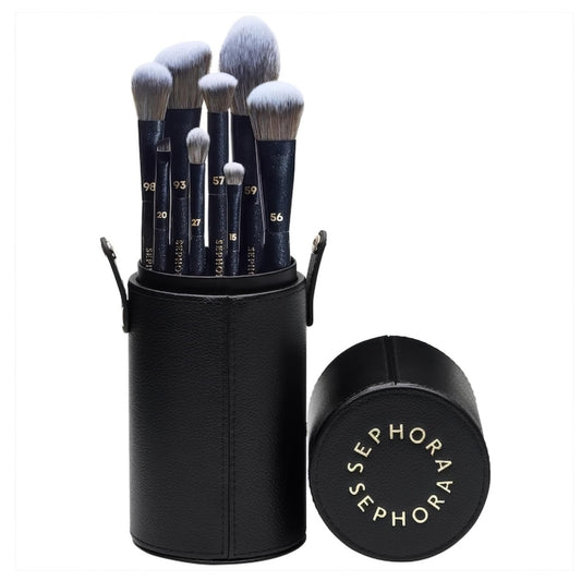 SEPHORA Collection pro brush set in a black leatherette case, portable protection for on-the-go makeup