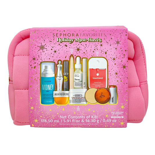 SEPHORA Favorites Holiday Must-Haves 11-Piece Gift Set pink cosmetic bag for stylish gifting.