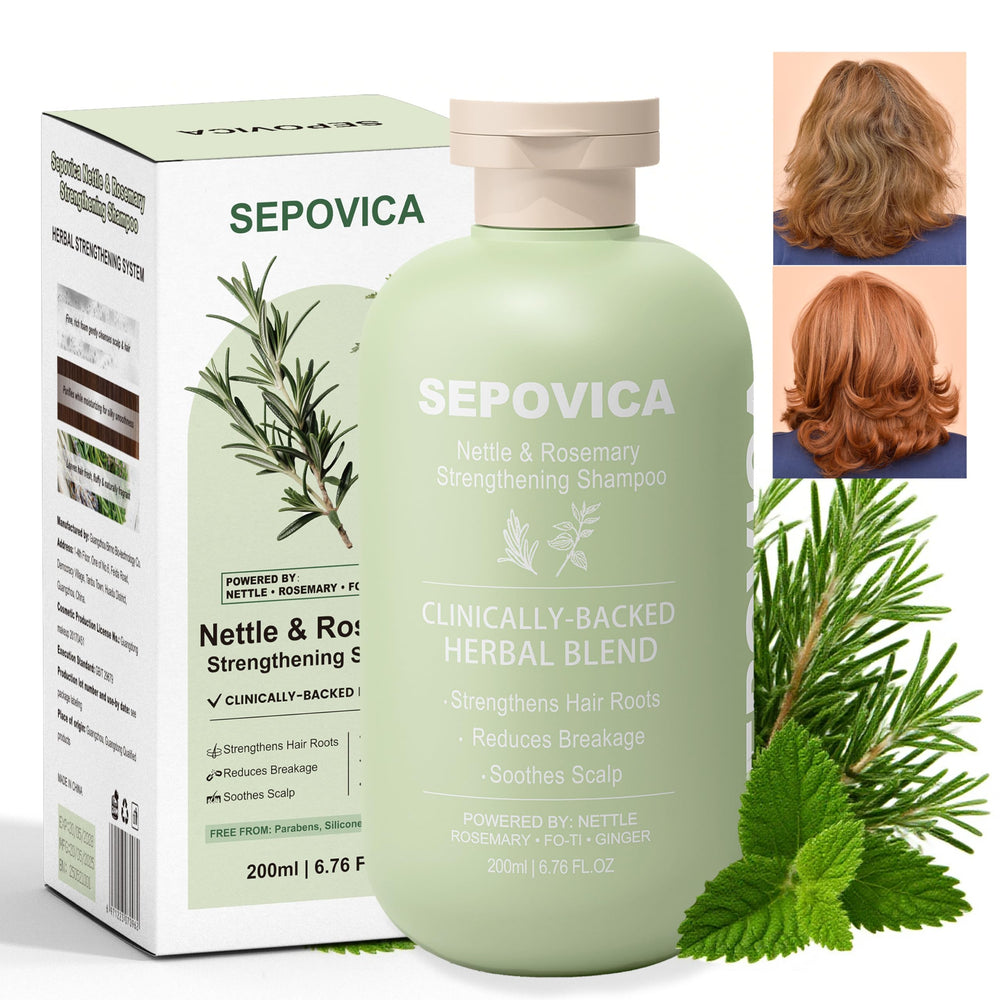 SEPOVICA Nettle & Rosemary Shampoo bottle showcases nourishing scalp care benefits.