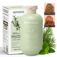 SEPOVICA Nettle & Rosemary Shampoo bottle showcases nourishing scalp care benefits.