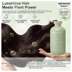 Label on SEPOVICA shampoo highlights sulfate-free formula and care.