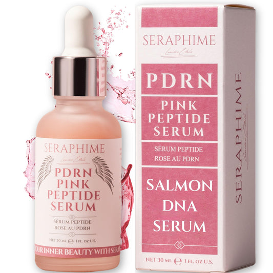 Seraphime PDRN Pink Serum bottle close-up, premium glass packaging for hydrated, glowing skin.