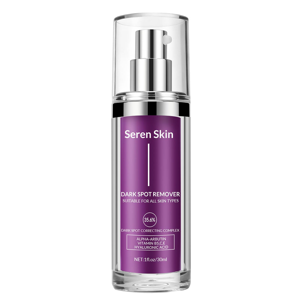 SerenSkin dark-spot remover bottle pour demonstrates easy, precise application for evening skin tone.