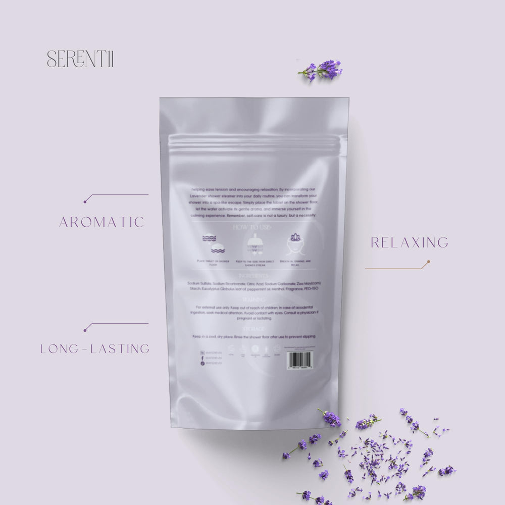 Serentii self-care gift concept featuring lavender shower steamers