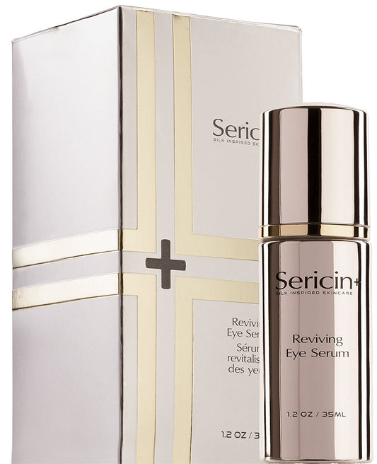 Sericin+ Reviving Eye Serum bottle shows silk hydration for delicate eye skin.