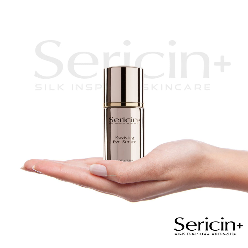 Sericin+ Reviving Eye Serum ingredients panel highlights silk protein sericin.