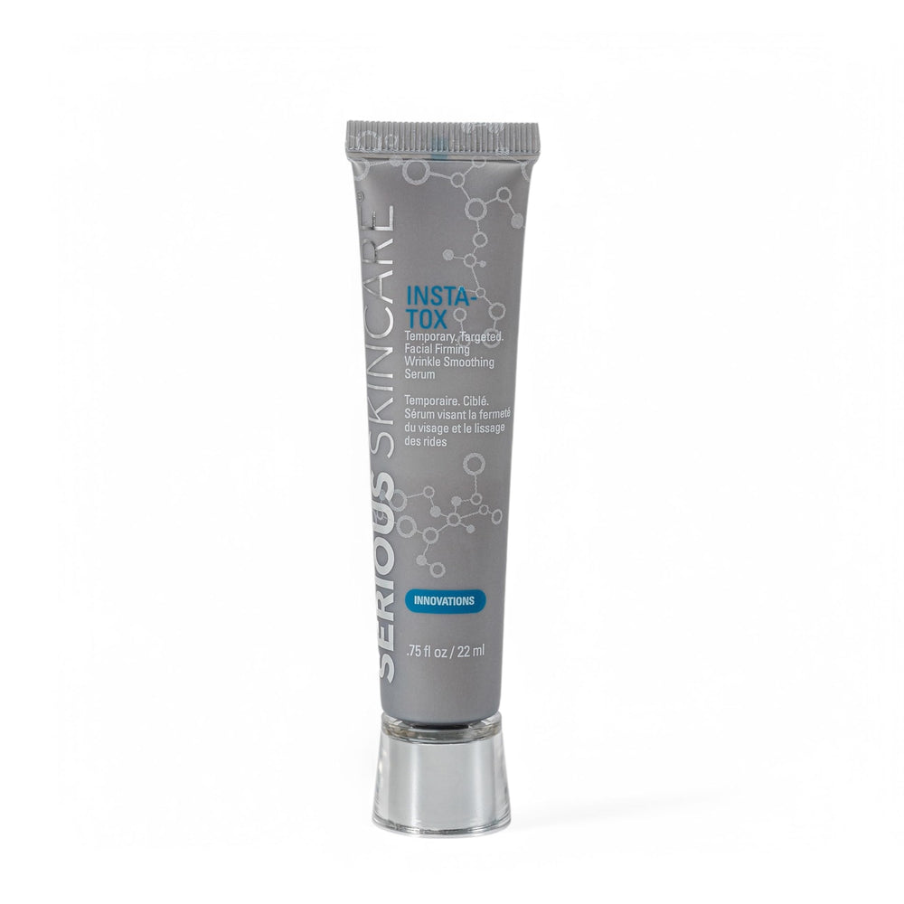 Serious Skincare INSTA-TOX bottle closeup highlighting serum texture for quick results