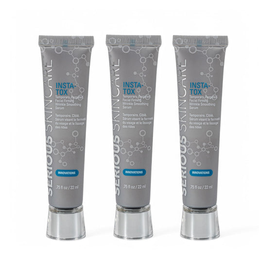 Serious Skincare INSTA-TOX serum trio bottles ready for quick, on-the-go wrinkle smoothing