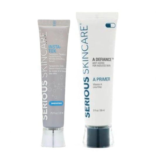 Serious Skincare Insta-Tox bottle shows compact serum for quick wrinkle-smoothing touch-ups.