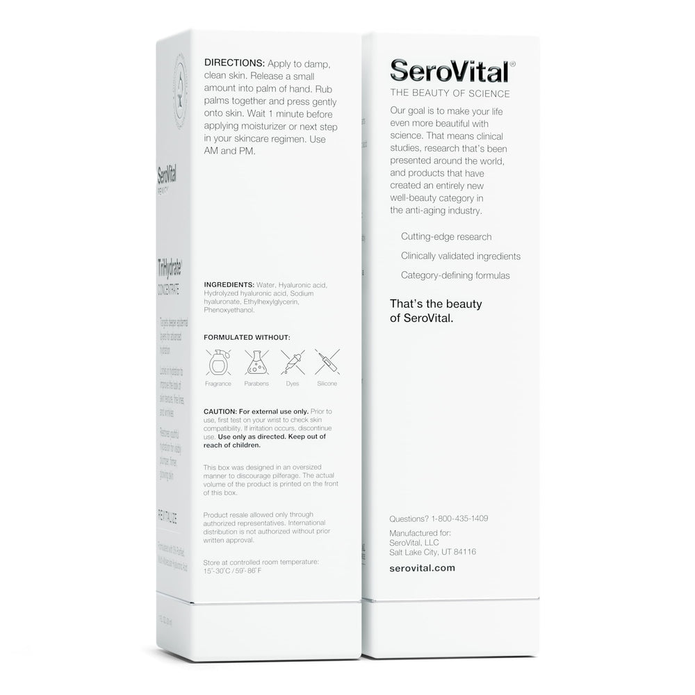 Serovital TriHydrate ingredients panel highlights 3% hyaluronic acid.