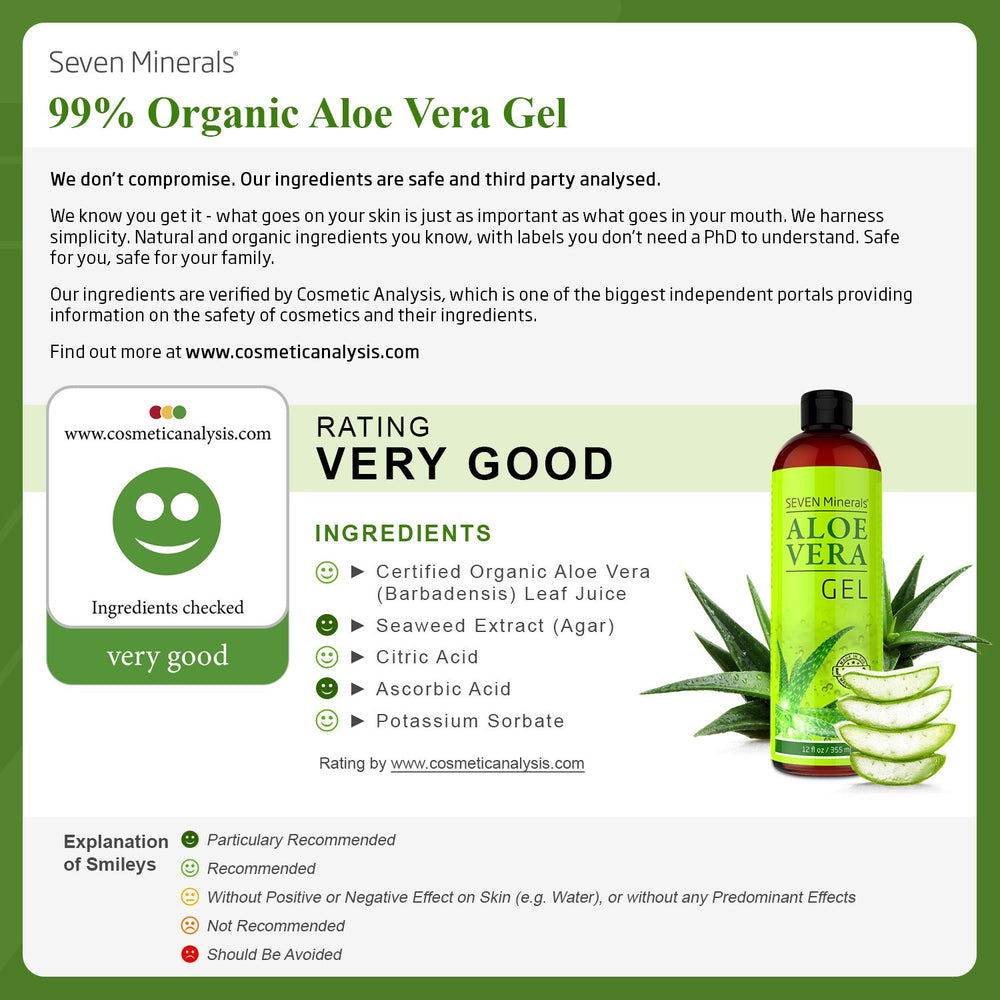 Seven Minerals Aloe Vera Gel being applied to skin for soothing daily care.