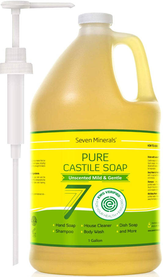 Seven Minerals Castile Soap bottle on a clean sink for gentle cleansing on sensitive skin