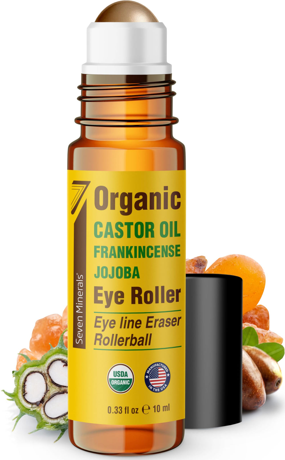 Seven Minerals castor oil eye roller bottle brightens under-eye skin