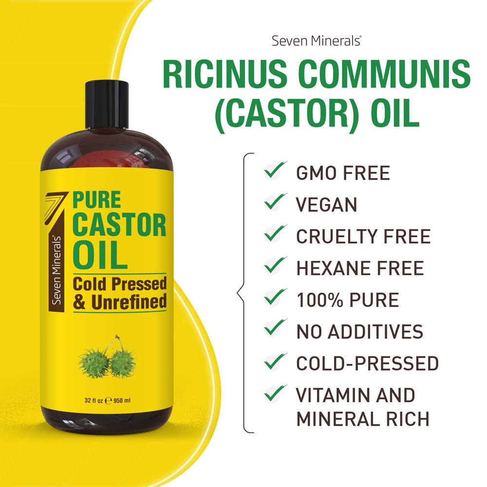 Seven Minerals castor oil label closeup highlights purity and simple ingredients.