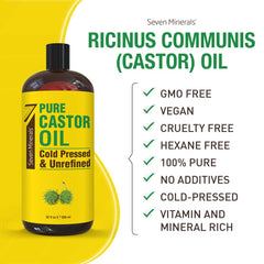 Seven Minerals castor oil label closeup highlights purity and simple ingredients.