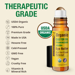 Close-up of Seven Minerals castor oil roll-on highlighting organic ingredients