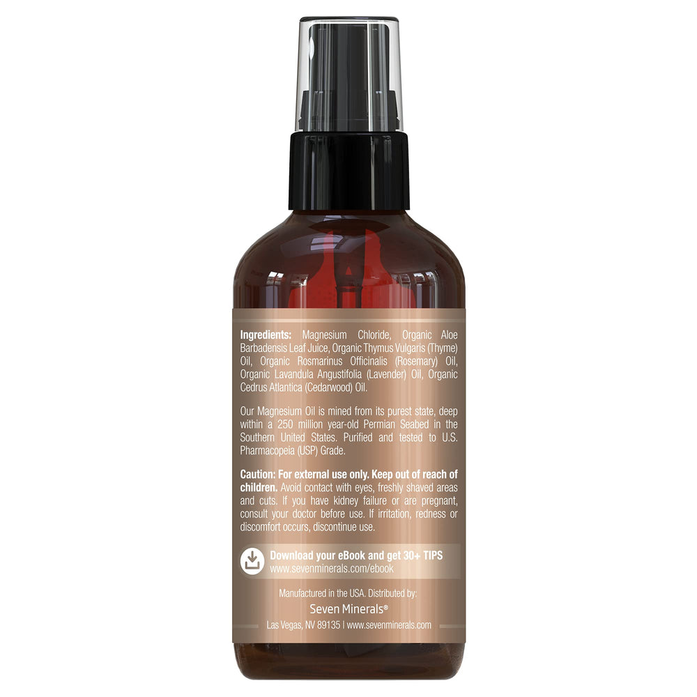 Seven Minerals magnesium spray USA-made bottle on shelf signals trusted chemical-free care.