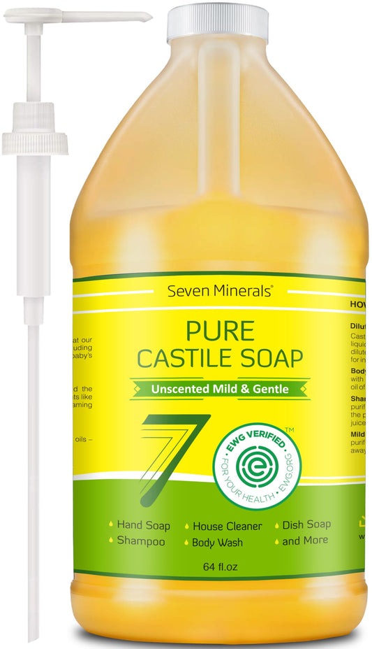 Seven Minerals Pure Castile Soap bottle showcases unscented, versatile cleansing for skin and home
