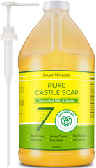 Seven Minerals Pure Castile Soap bottle showcases unscented, versatile cleansing for skin and home