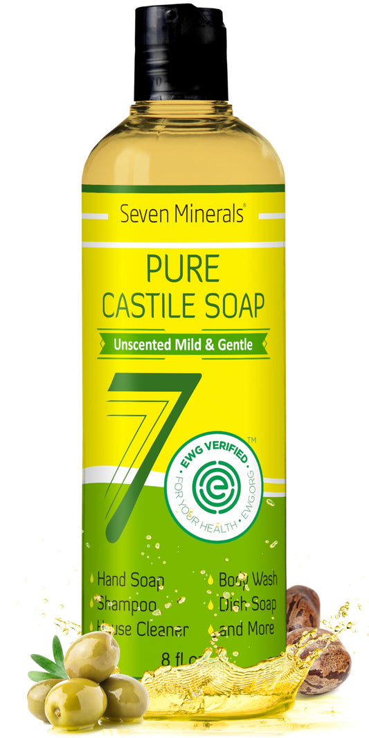 Seven Minerals Pure Castile Soap unscented bottle for sensitive skin and baby wash.