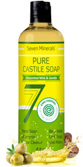 Seven Minerals Pure Castile Soap unscented bottle for sensitive skin and baby wash.