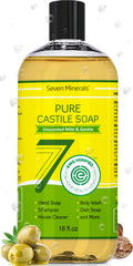 Seven Minerals Pure Castile Soap unscented bottle for gentle, skin-friendly cleansing.