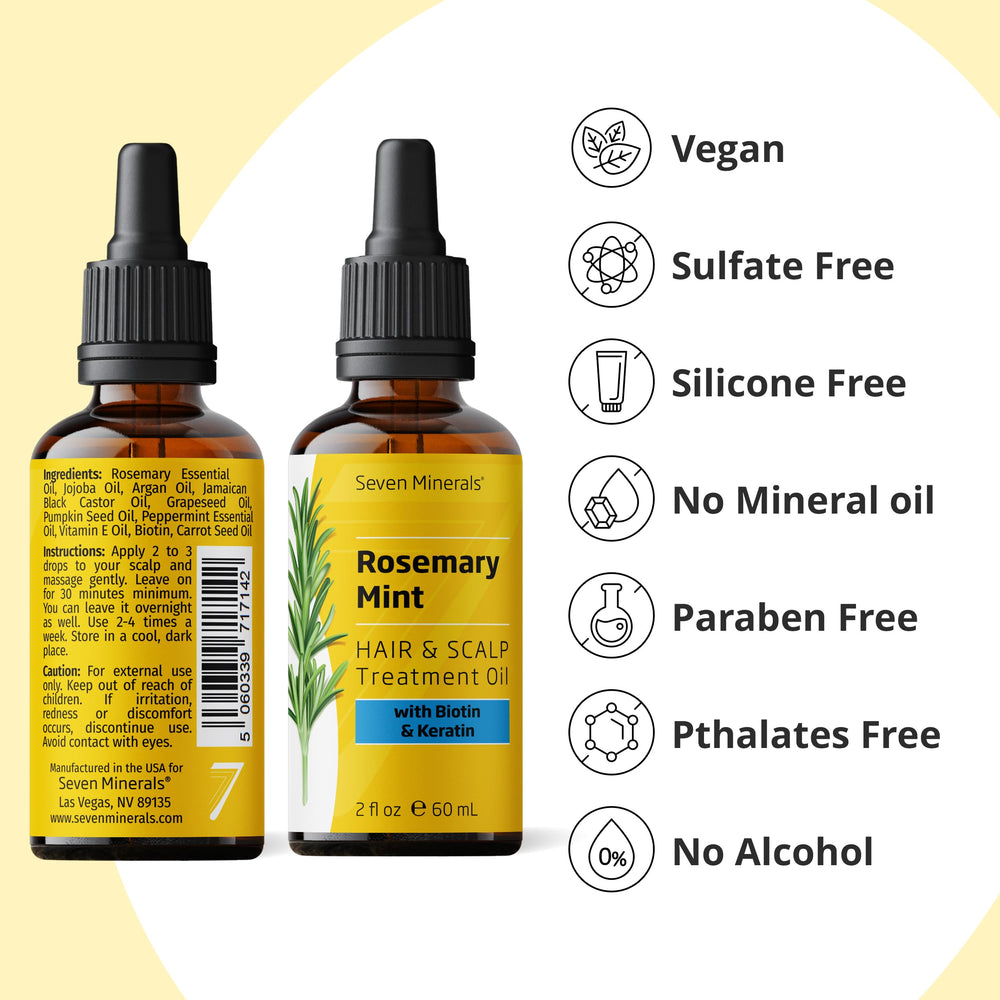 Seven Minerals Rosemary Oil label close-up emphasizing natural ingredients